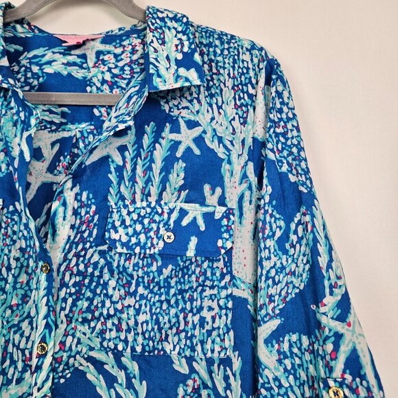 Lilly Pulitzer Captiva Tunic Brewster Blue Good Reef Starfish Tunic Top L 54519 - Picture 4 of 12